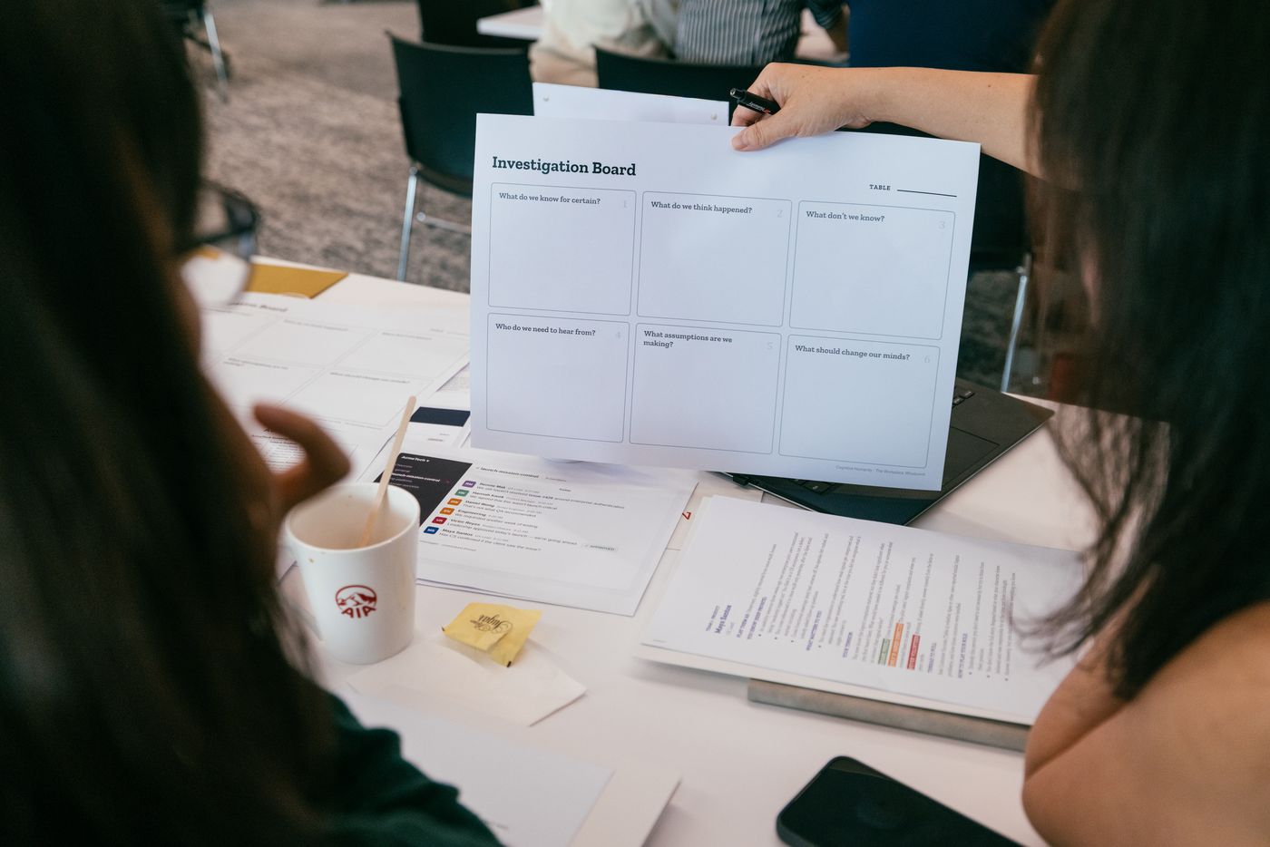 Participants working through an investigation board